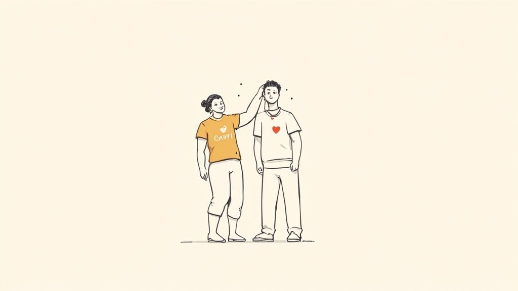 Happy couple standing together wearing customized t-shirts with heart design illustration