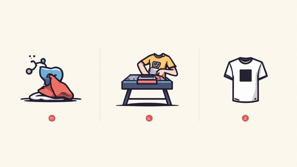 A split image showing a vibrant DTG printed shirt next to a cracking screen printed shirt, highlighting the difference in quality.