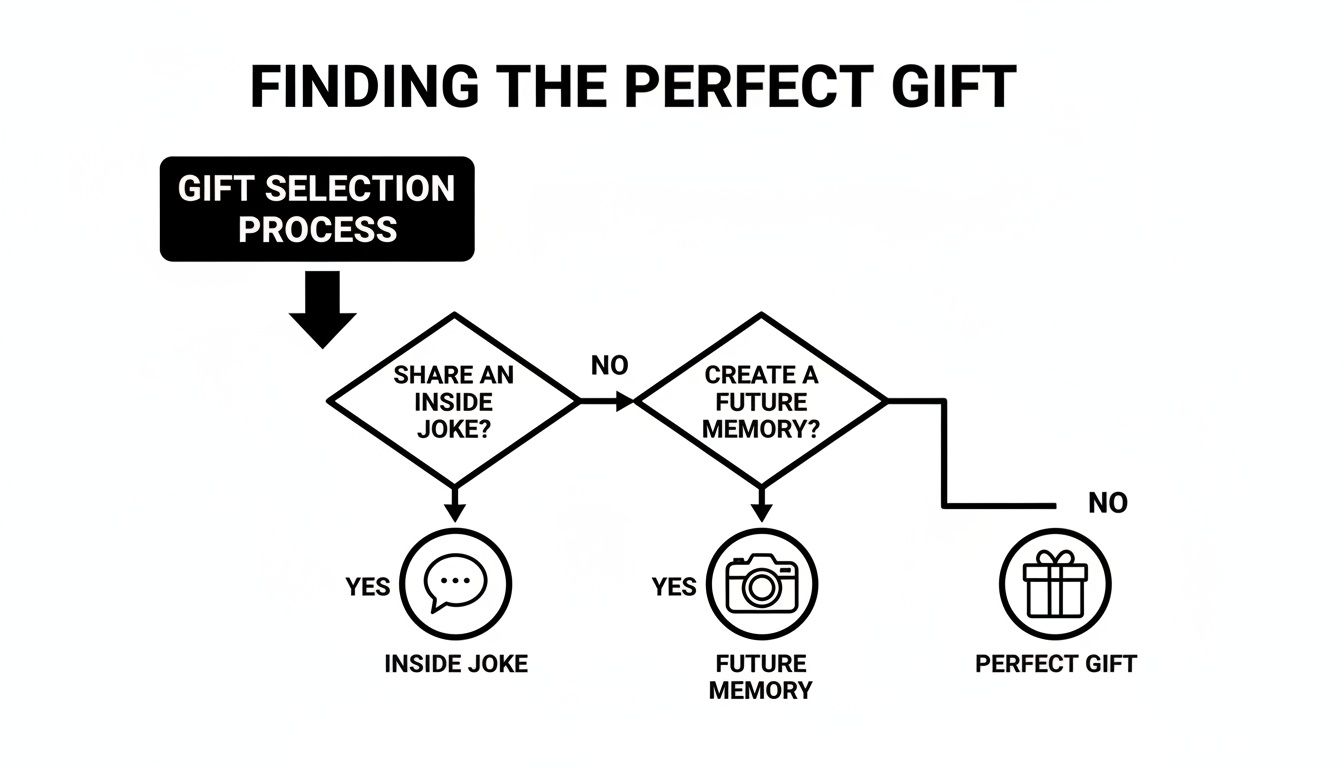 A flowchart outlining the gift selection process to find the perfect gift, an inside joke, or a future memory.