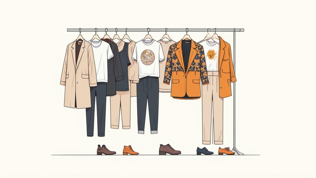 A clothing rack displaying various outfits, including coats, blazers, t-shirts, trousers, and shoes.