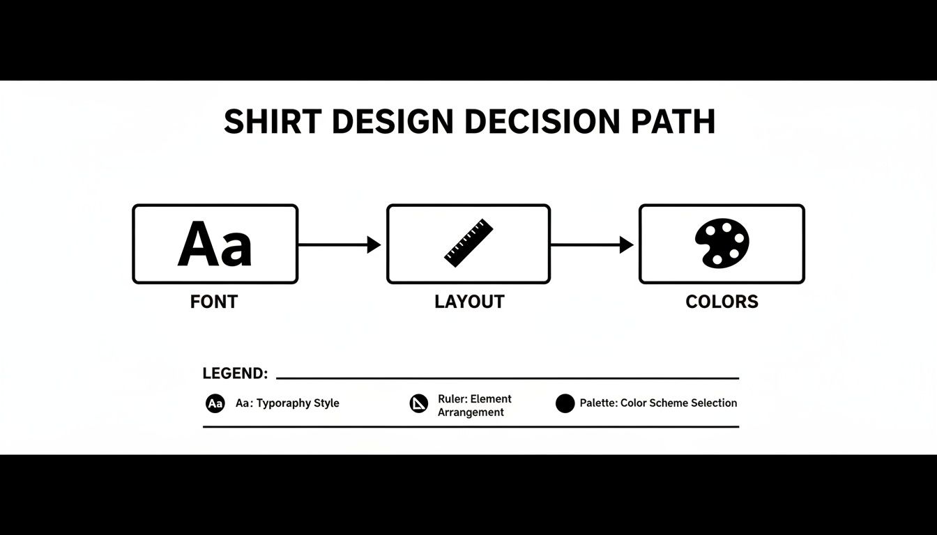 Flowchart illustrating the shirt design decision path, detailing steps for font, layout, and colors.