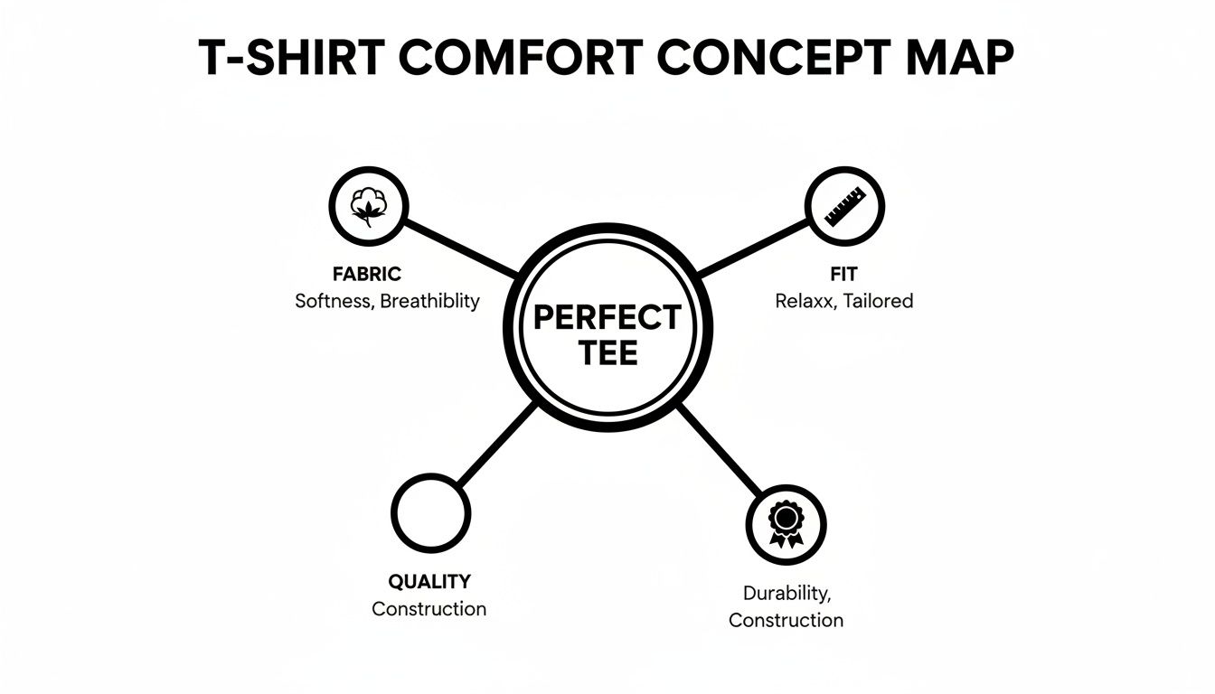 Concept map showing a 'Perfect Tee' is achieved through fabric, fit, quality, and durability.