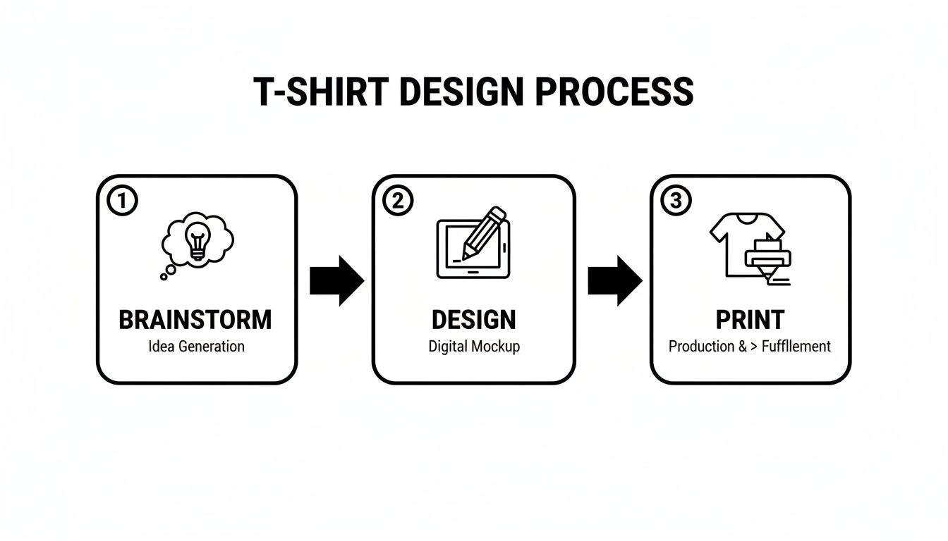 A three-step T-shirt design process flow: brainstorm ideas, create digital mockups, and finally print for fulfillment.