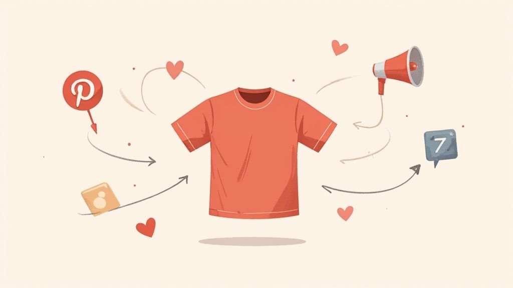 A person enthusiastically showing their t-shirt designs on a tablet to a group of friends, all laughing and engaging with the content.