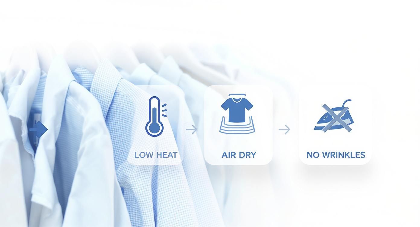Infographic detailing the best drying methods for cotton shirts using icons for low heat, air drying, and avoiding wrinkles.