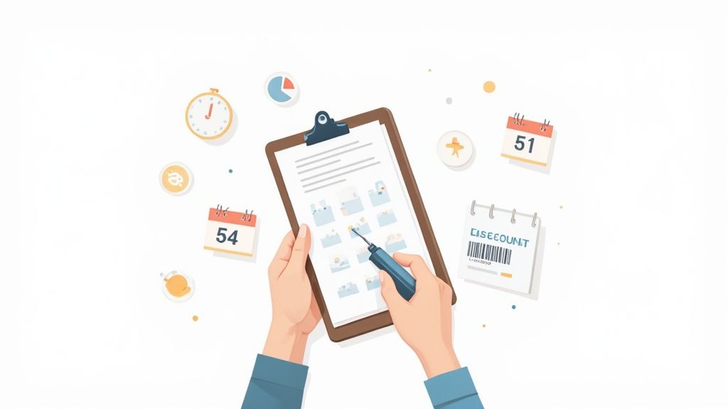 A person with a clipboard carefully counting boxes of t-shirts in a small business stockroom.