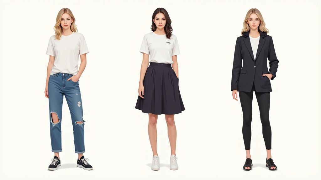 Three women showcase various casual and smart-casual outfits, including jeans, a skirt, and a blazer ensemble.
