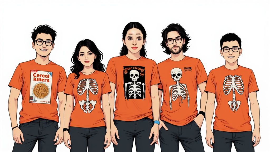 A group of friends laughing together while wearing themed Halloween shirts.