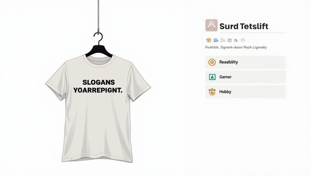 A white t-shirt with black text 'SLOGANS YOARREPIGNT' on a hanger, next to a profile card.