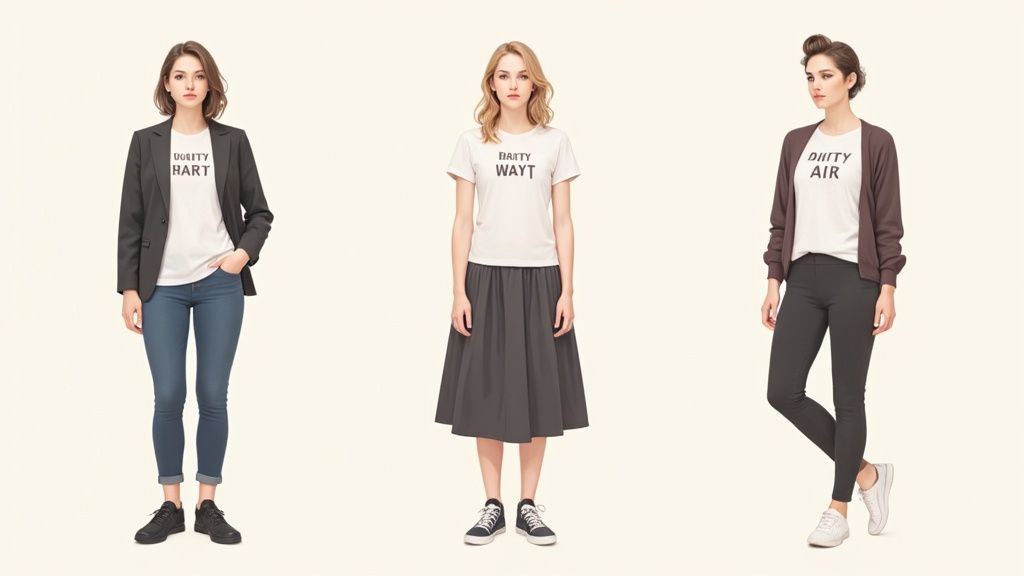 A woman wearing a funny graphic tee under a stylish jacket.