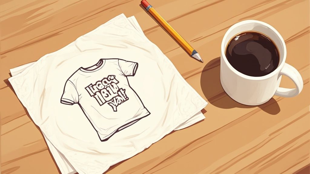 A person sketching t-shirt designs on a notepad with a laptop and coffee nearby.