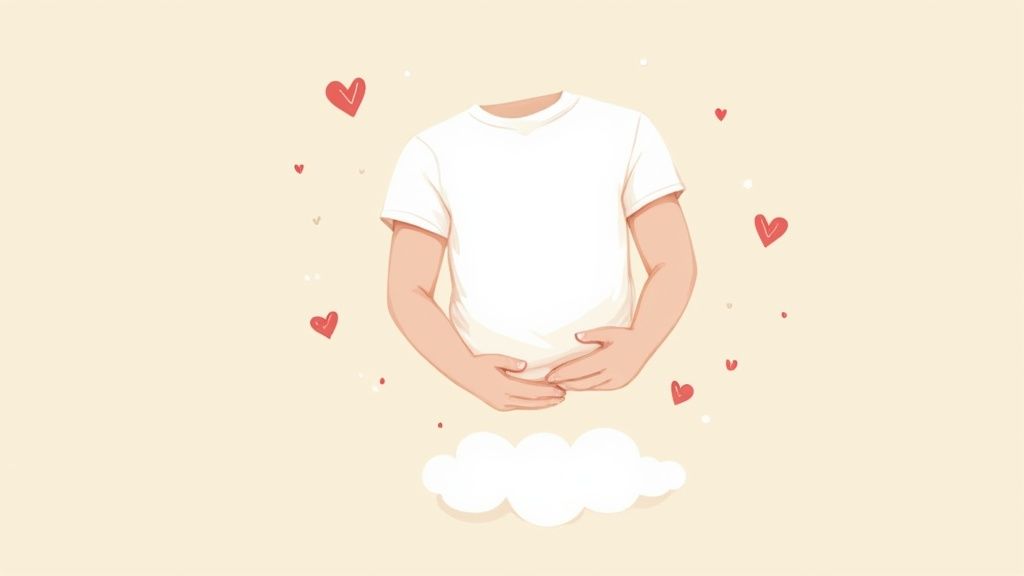 Illustration of a torso wearing a plain white t-shirt, hands gently holding the stomach, surrounded by floating hearts and a cloud.