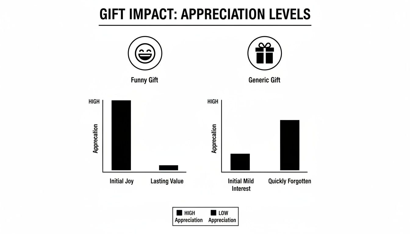 Bar charts compare funny and generic gift appreciation levels, detailing initial joy, lasting value, and how quickly they're forgotten.
