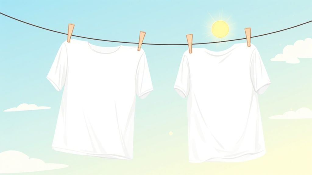 Two clean white t-shirts drying on a clothesline under a sunny blue sky with clouds.