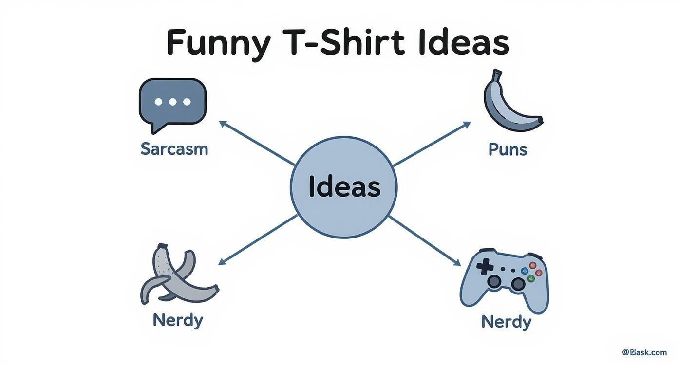 Mind map diagram showing funny t-shirt categories including sarcasm, puns, and nerdy themes with illustrated icons