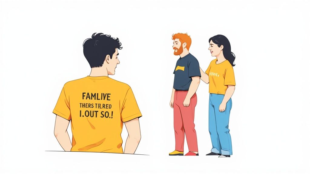 Person wearing yellow custom t-shirt with funny text on back facing couple