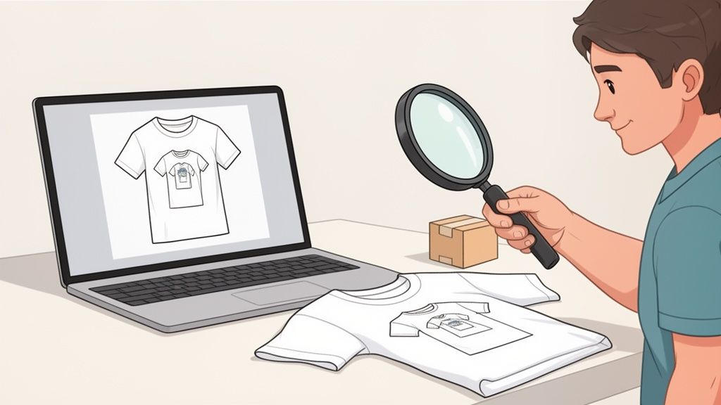 Person examining a graphic t-shirt design on a laptop and a physical tee with a magnifying glass.