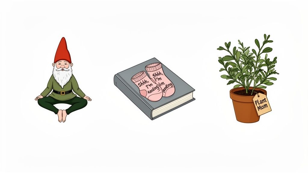 Three cartoon illustrations: a yoga gnome, a book with 'I'm reading' socks, and a 'Plant Mom' potted plant.