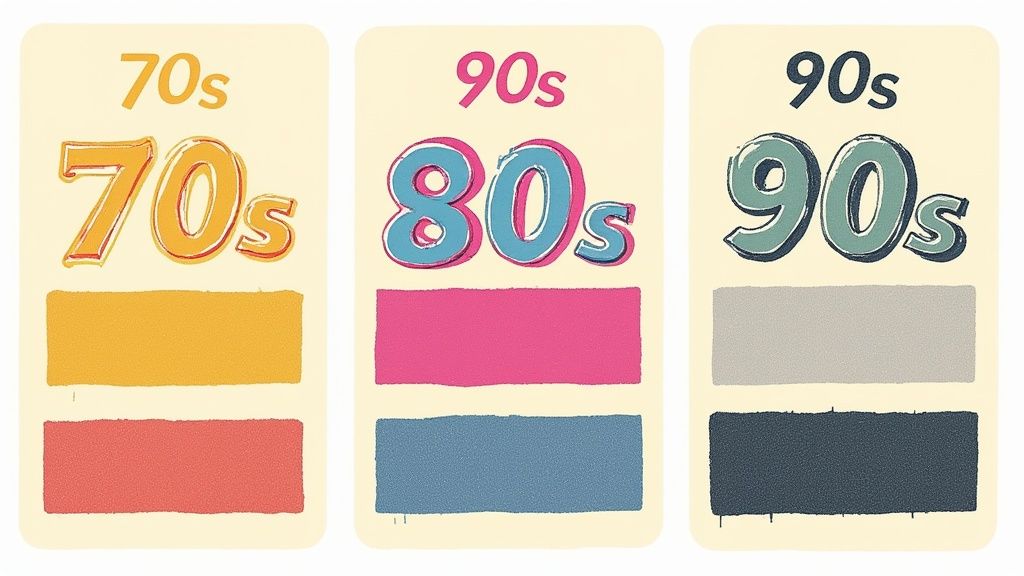 A collage of retro-style color palettes and fonts for t-shirt design
