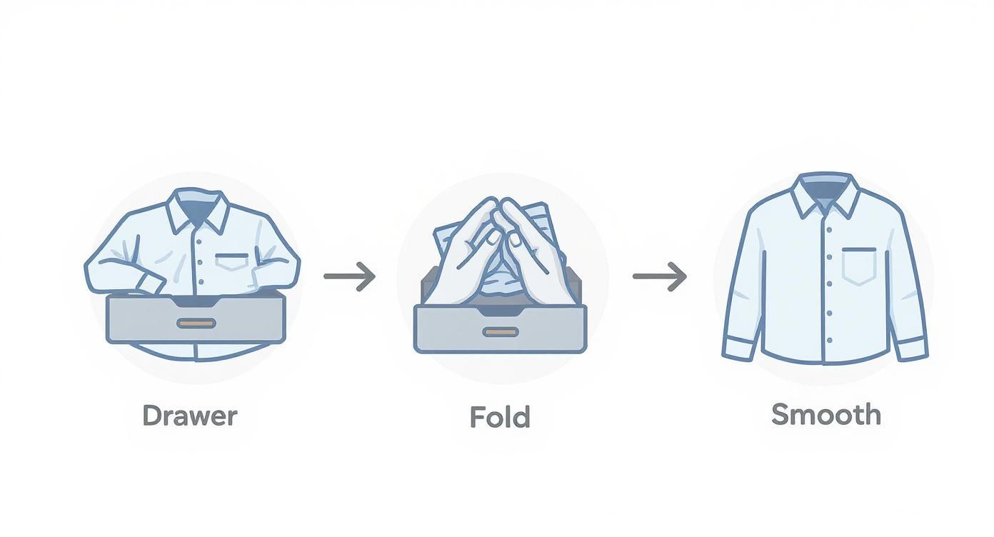 Three-step illustration showing a crumpled shirt in a drawer, then being folded, and finally a smooth shirt.