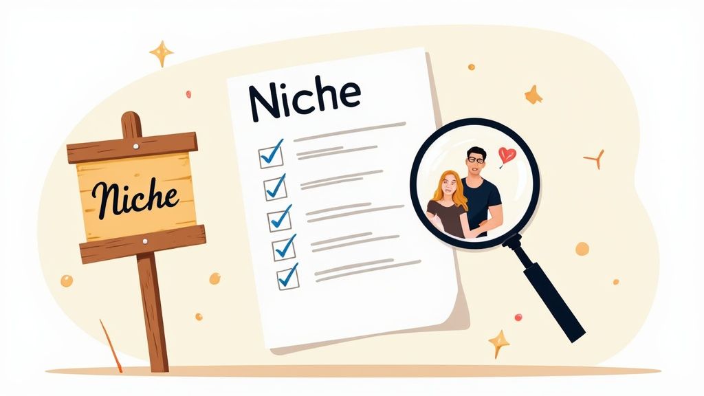 A person sitting at a desk, surrounded by colorful t-shirt designs and sketches, smiling while pointing at a particular design on a computer screen.