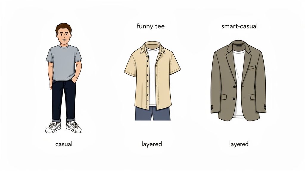 Three cartoon illustrations demonstrating different men's outfit styles: casual, layered, and smart-casual.