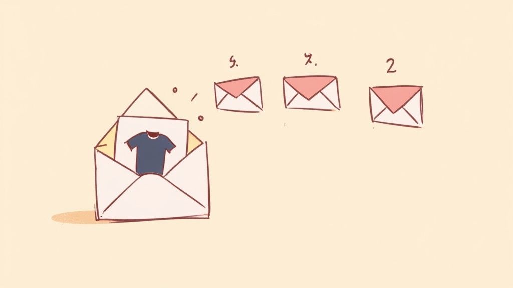 A person looking thoughtfully at their email inbox on a laptop, with a Laugh Riot Tee's shirt visible.