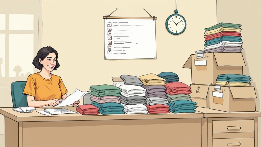 A smiling woman surrounded by boxes of t-shirts, looking happy about her small business inventory management.
