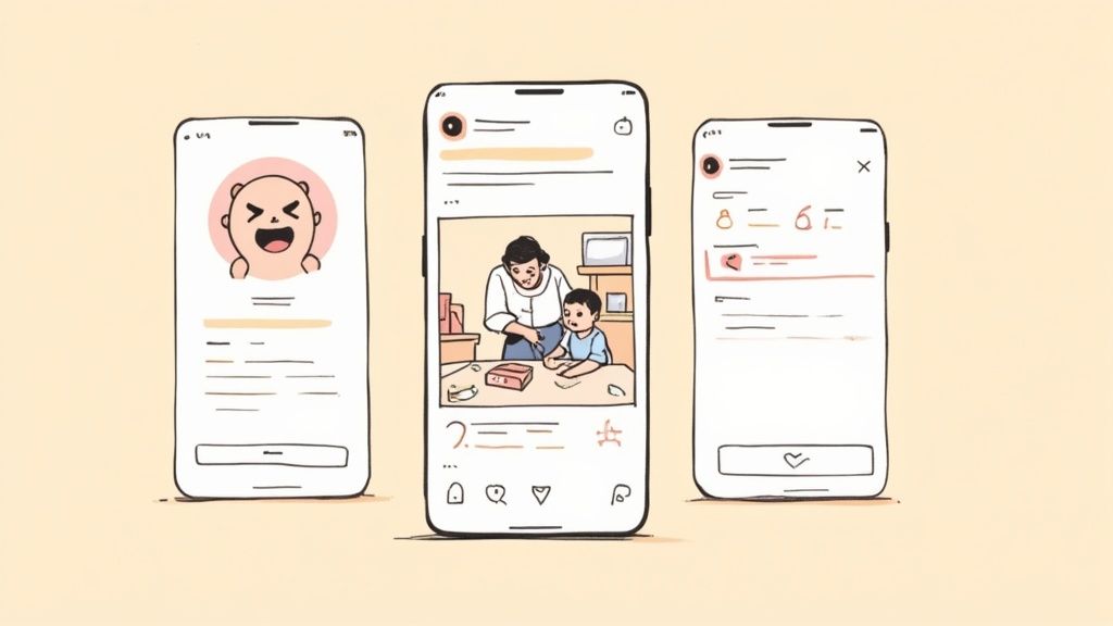 Woman laughing while using her phone on a couch