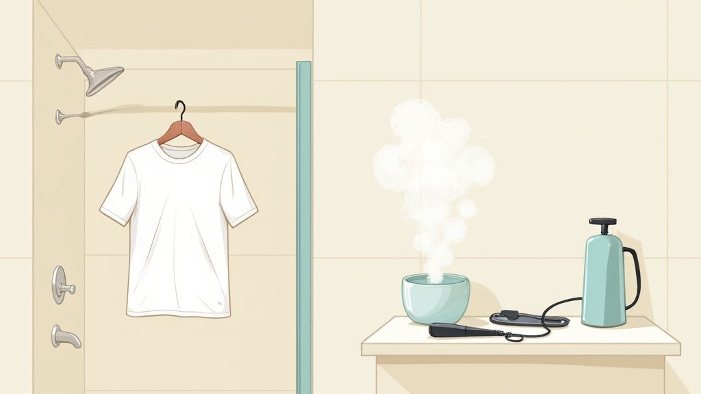 A white t-shirt hangs in a shower, next to a steaming bowl and garment steamer on a counter.