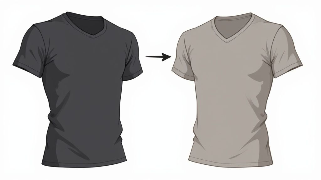 Two V-neck t-shirts, one dark gray and one light gray, displayed with an arrow.