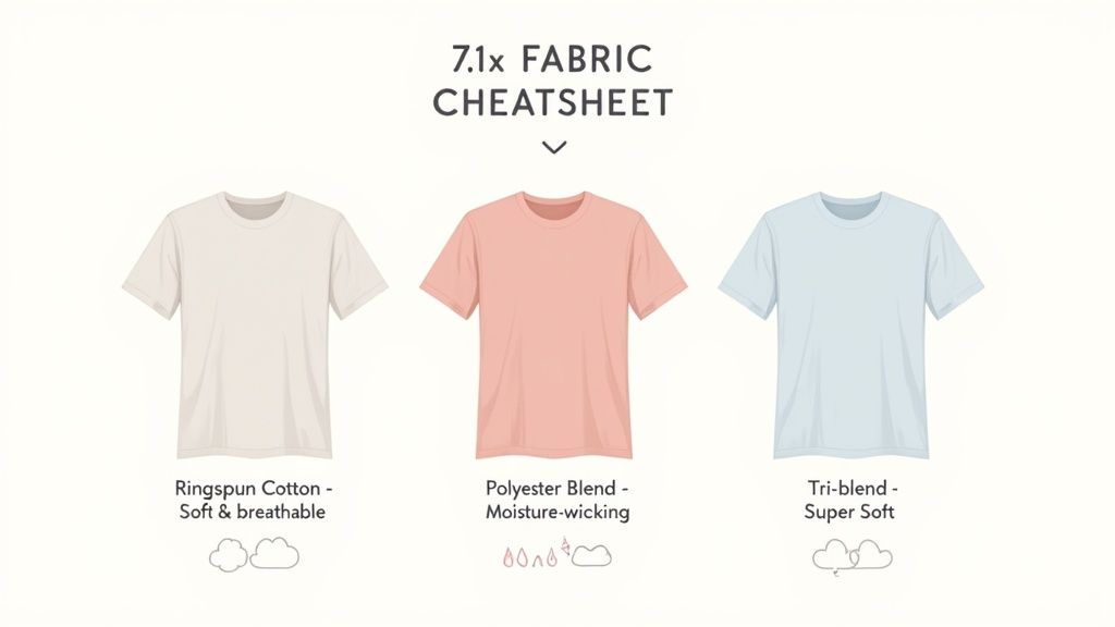 A fabric cheatsheet showing Ringspun Cotton, Polyester Blend, and Tri-blend t-shirts with their features.