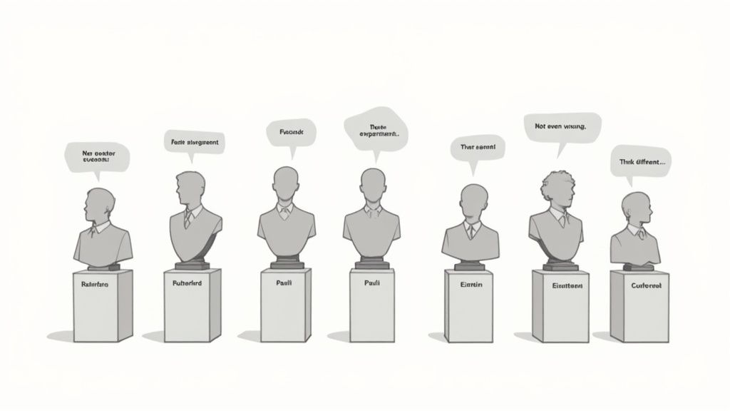 A black and white photo of a scientist writing on a chalkboard.