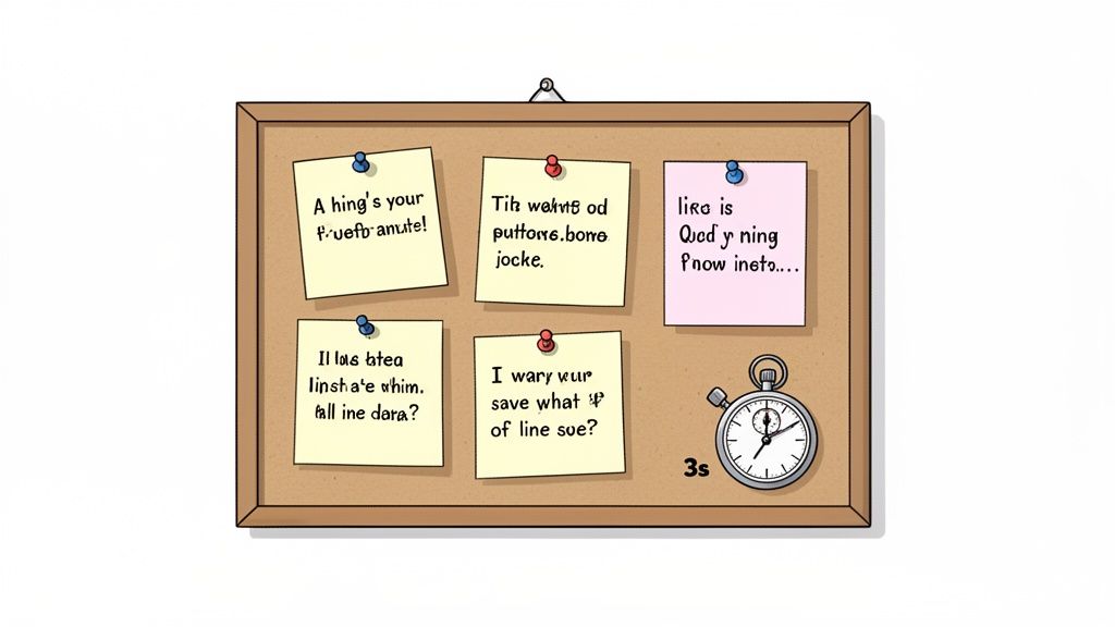 A cork board with five yellow and one pink sticky notes containing scrambled text, and a stopwatch.