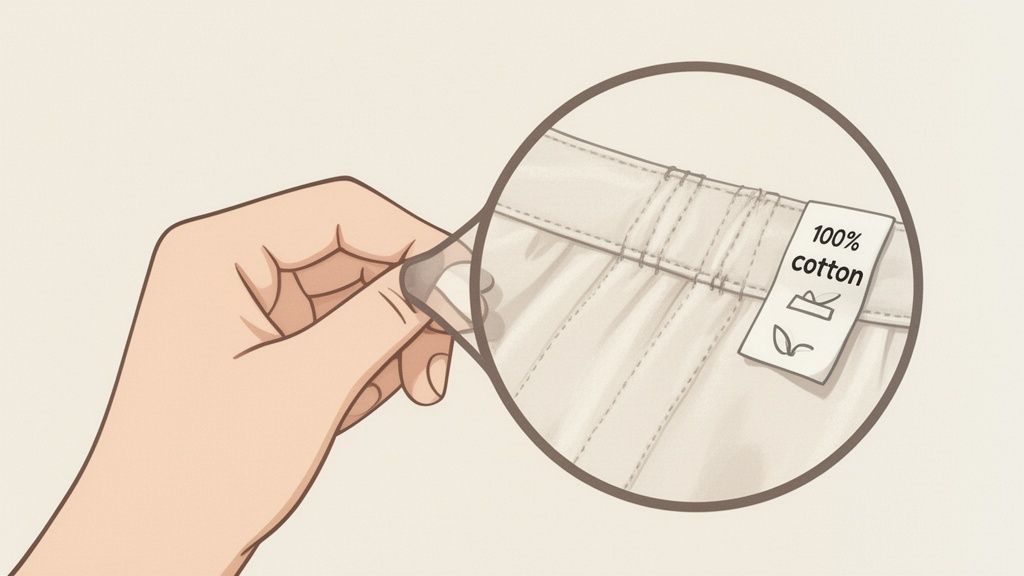 A hand holds up a clothing tag under a magnifying glass, showing '100% cotton' text and care symbols.