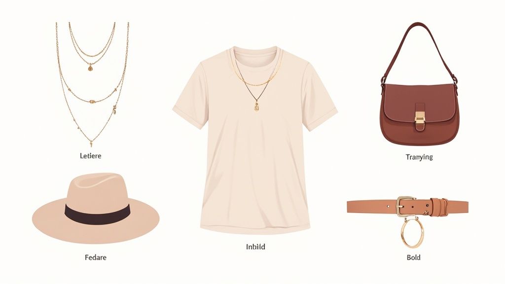 A woman wearing a graphic tee and stylishly layering necklaces and bracelets.