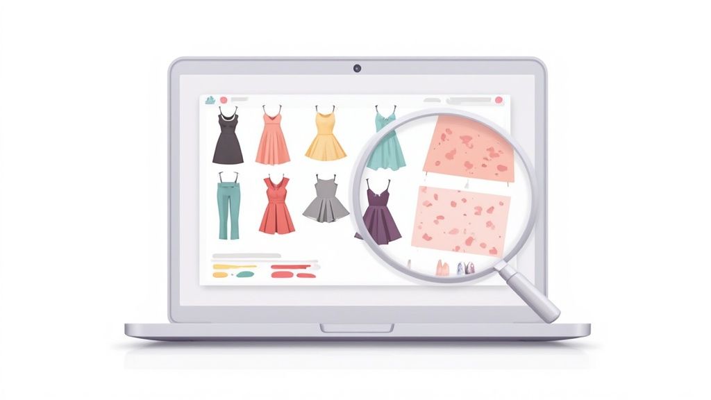 A laptop shows an online fashion store with various clothes, a magnifying glass inspecting fabric details.