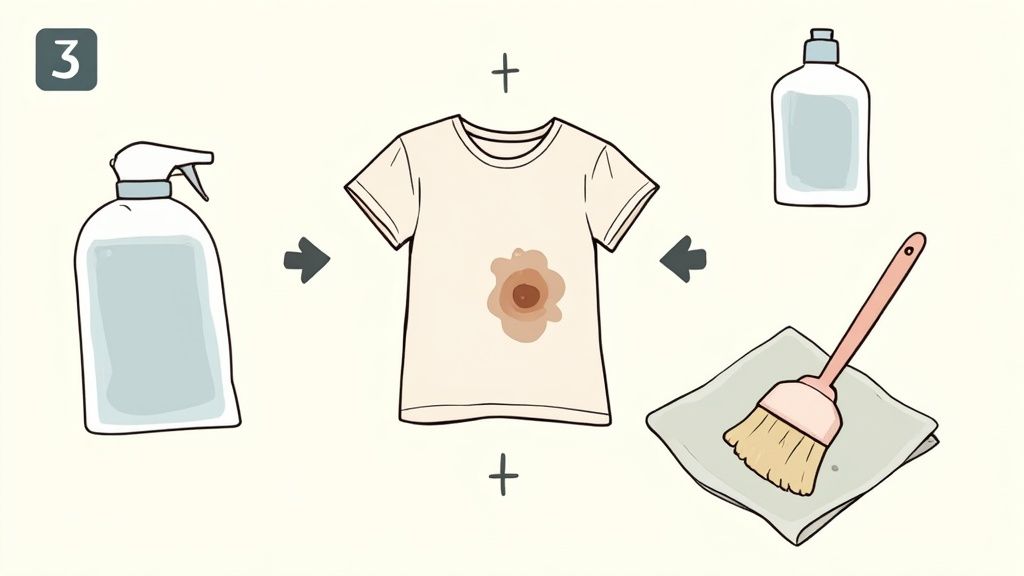A person spot-cleaning a stain on a graphic t-shirt.