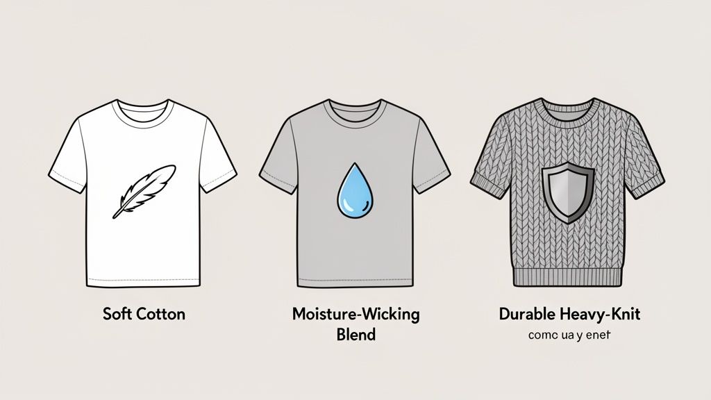 Three shirts illustrating different fabric types: soft cotton, moisture-wicking blend, and durable heavy-knit.