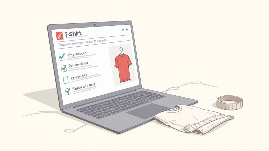 A laptop displays a T-shirt design interface, next to a folded T-shirt and sewing supplies.