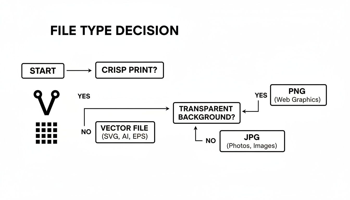 A flowchart titled 'File Type Decision' guiding users to choose vector, PNG, or JPG formats for graphics.