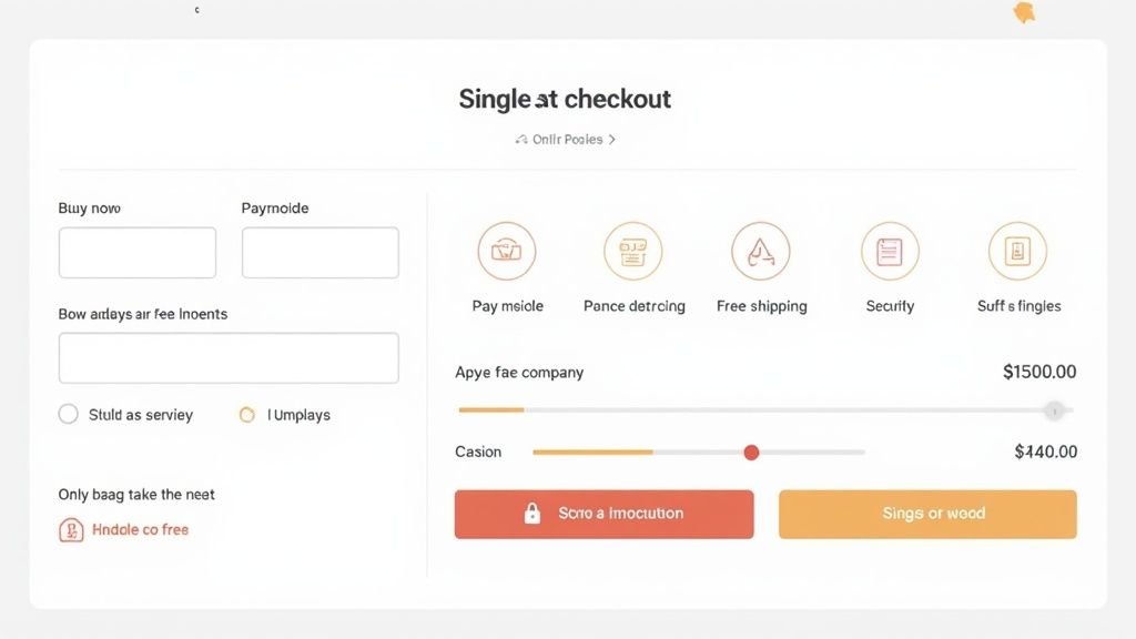 A stylized, simple illustration of a shopping cart flying through a checkout lane with speed lines behind it, on a clean, light-colored background.