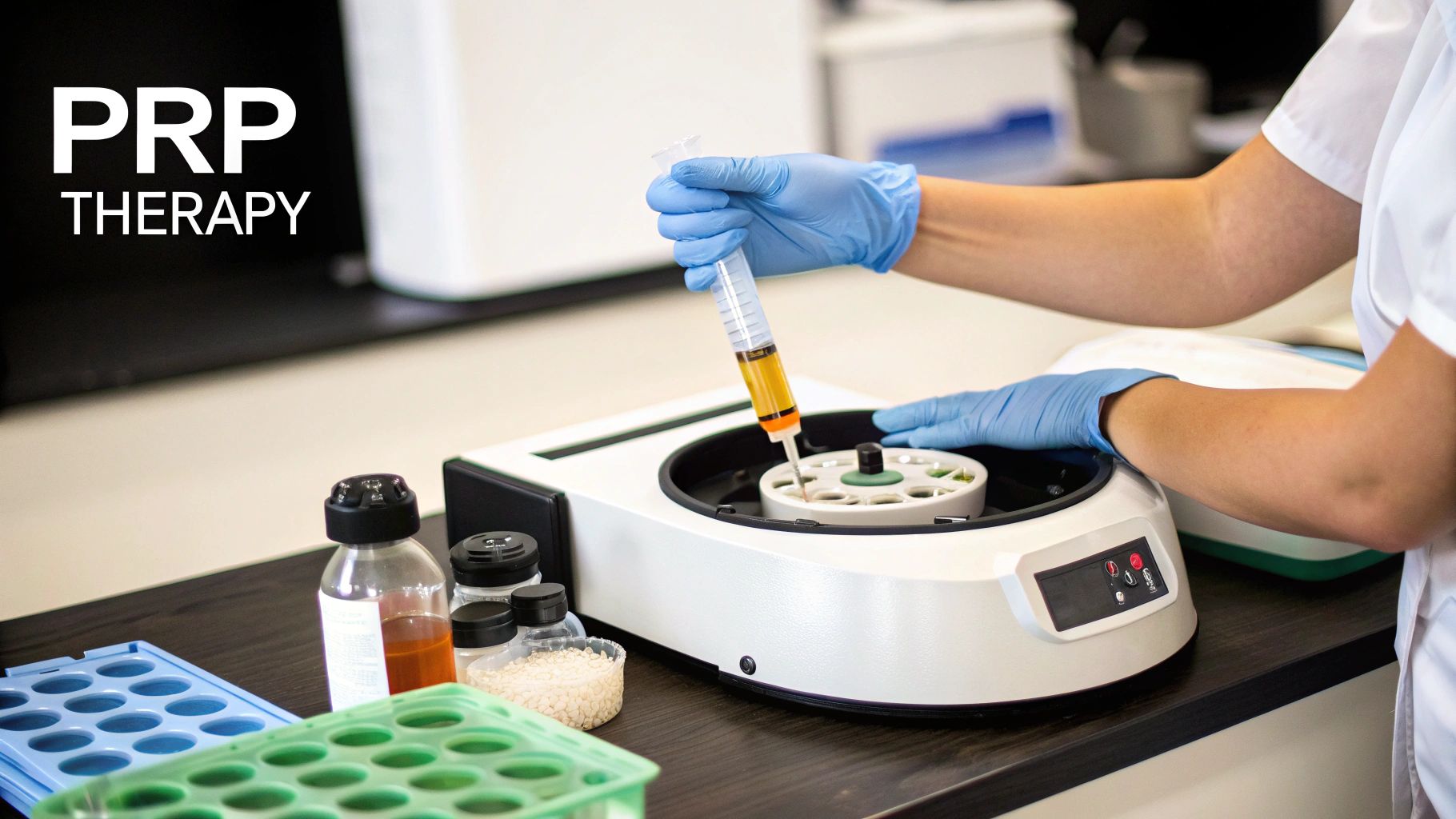 A gloved hand extracts liquid with a syringe from a centrifuge for PRP therapy.