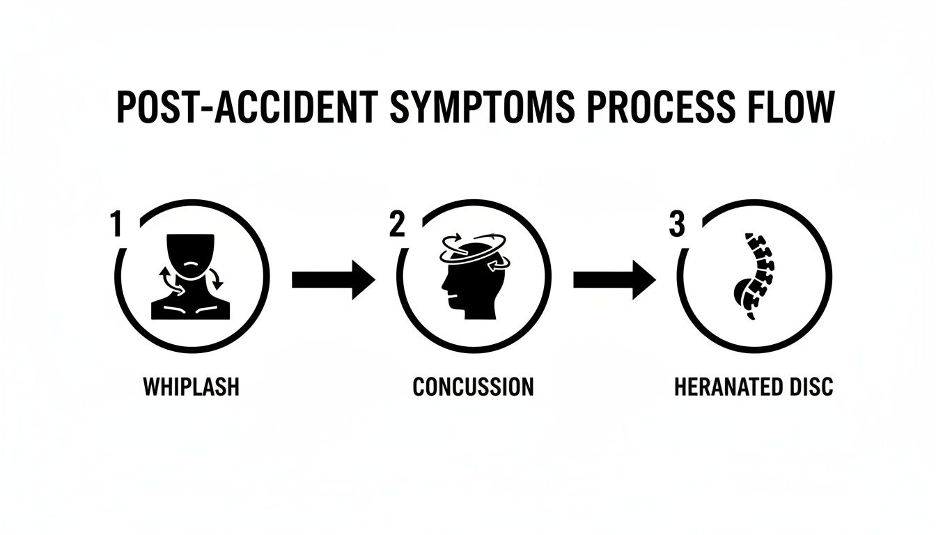 Process flow diagram showing common post-accident symptoms: whiplash, concussion, and herniated disc.