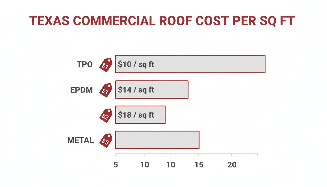 Bar chart of Texas commercial roof costs per square foot for TPO, EPDM, and other materials.