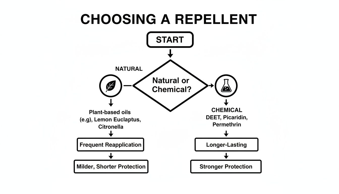 Flowchart comparing natural plant-based repellents with chemical options like DEET for choosing protection.