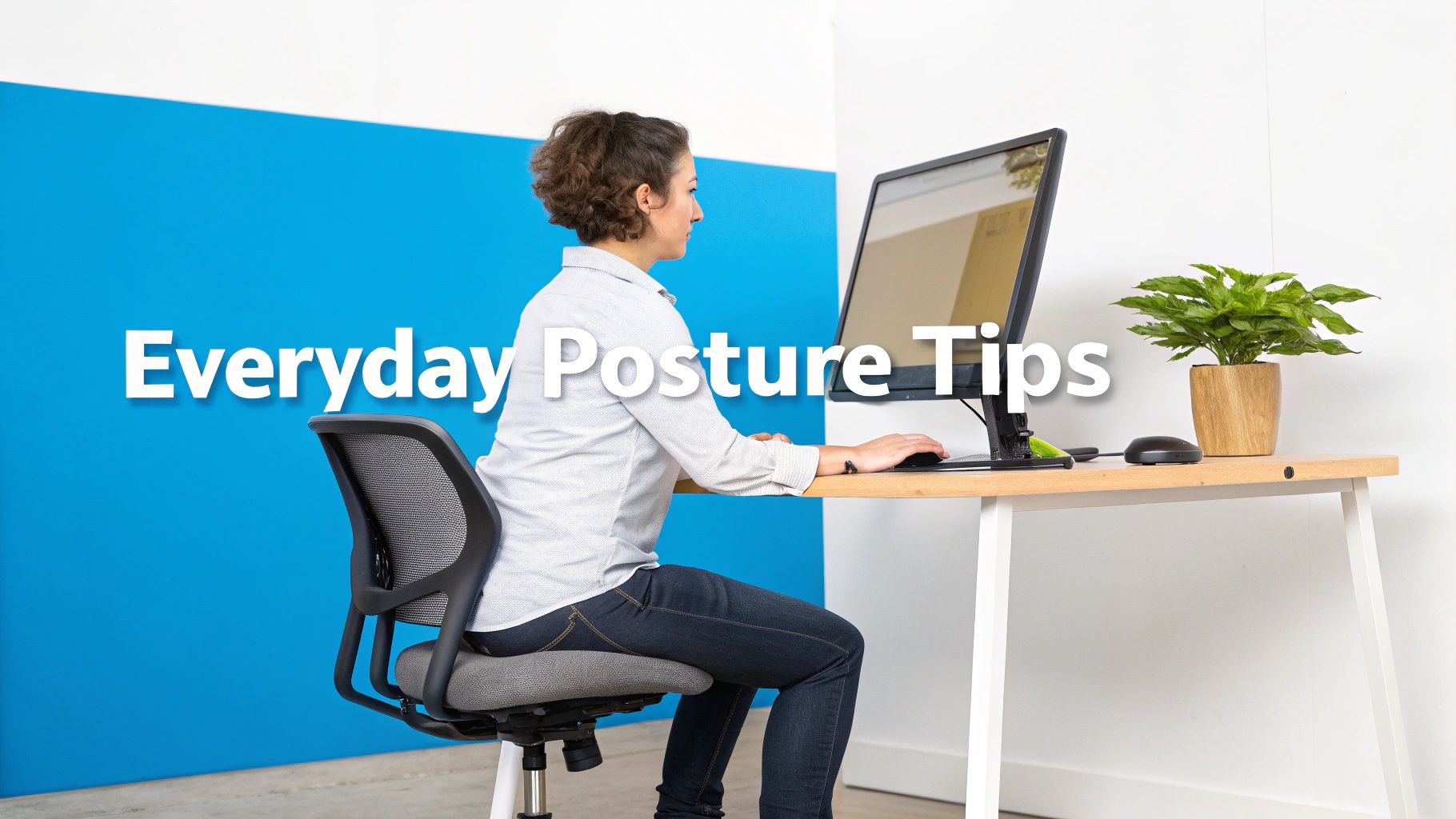 A woman demonstrating good ergonomic posture while working at a computer desk, with overlay text 'Everyday Posture Tips'.