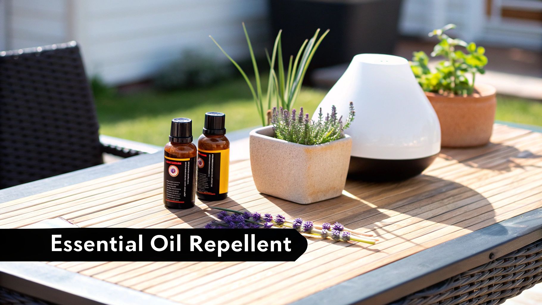 Essential oil bottles, a diffuser, and lavender on an outdoor table for natural repellent.