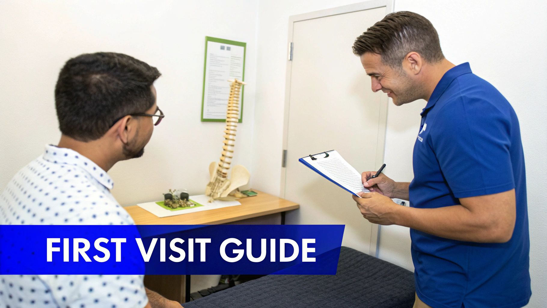 A chiropractor in a blue shirt consults with a patient during a first visit, holding a clipboard. A spine model is on the table.