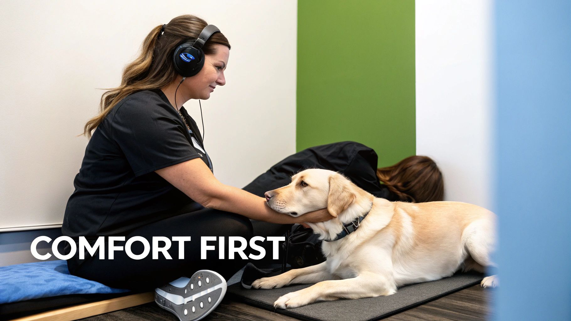 A woman wearing headphones gently pets a yellow Labrador dog lying on a mat in a calm setting.